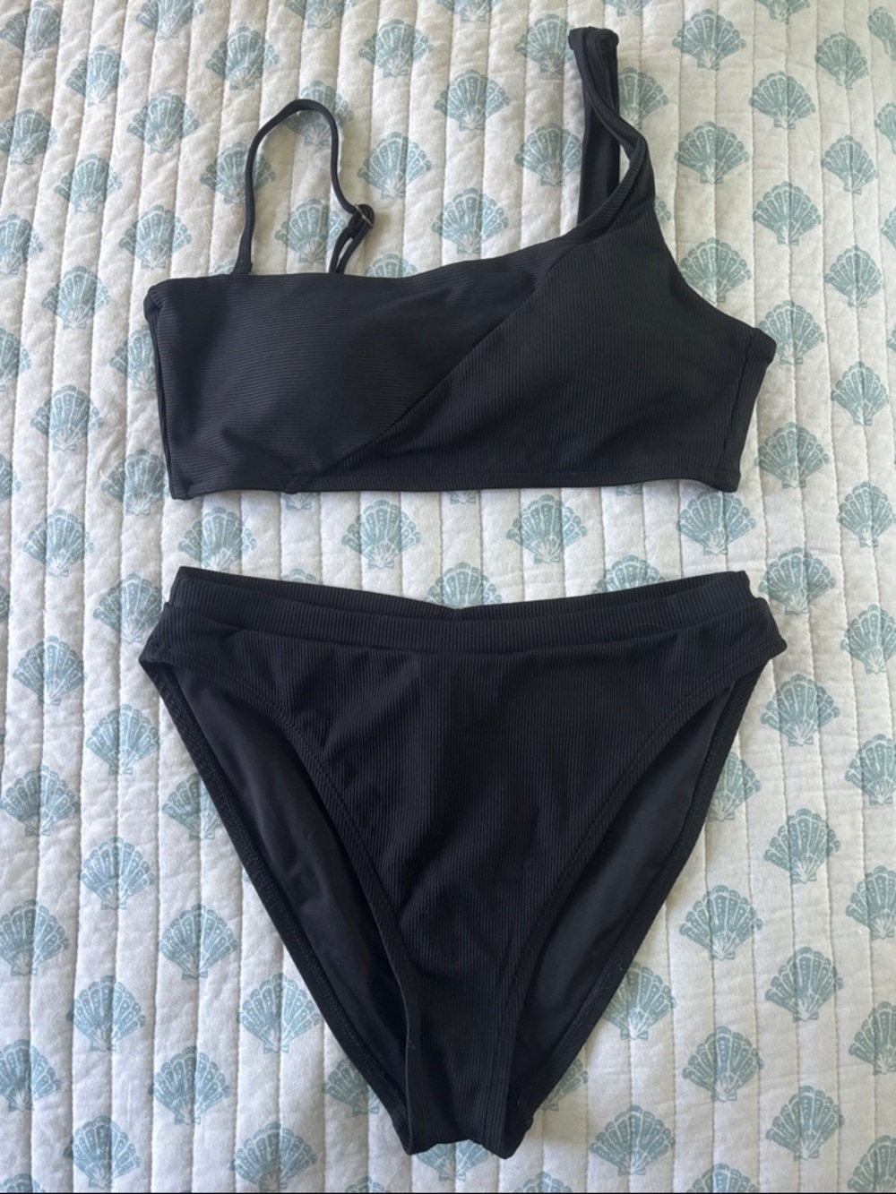 BECCA Black One-Shoulder Ribbed Bikini Set